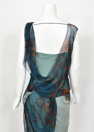 2006 Christian Dior by John Galliano Blue Watercolor Sheer Silk Draped Slip Dress