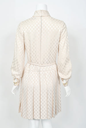 1968 Christian Dior Haute Couture Documented Ivory Checkered Silk Pleated Mini Dress