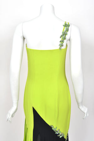 1997 Gianni Versace Lifetime Runway Lime Green & Black Embellished Silk High-Low Dress