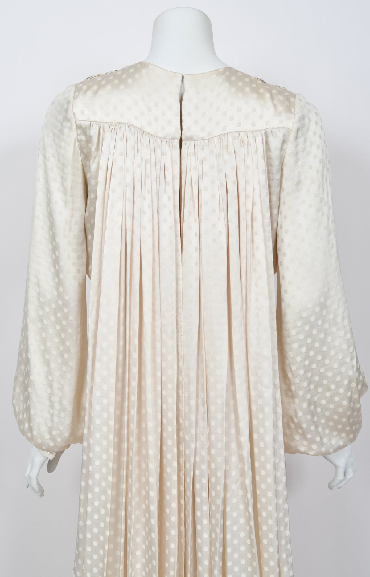 1974 Thea Porter Couture Beaded Sequin Seashells Ivory Silk Billow-Sleeve Trained Gown