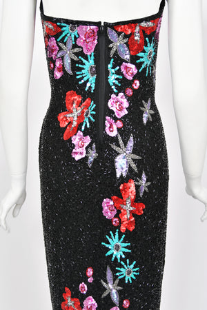 1990's Bob Mackie Fully Beaded Floral Motif Strapless Bustier High-Slit Gown