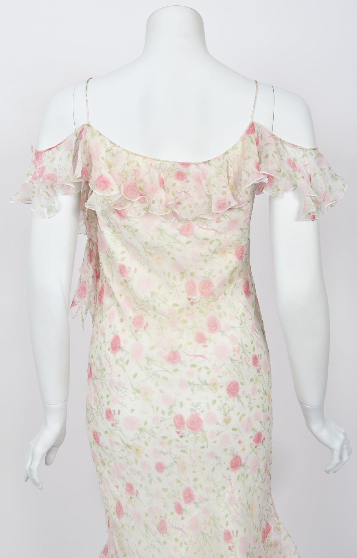 1999 Christian Dior by John Galliano Pink Roses Print Silk Off Shoulder Bias-Cut Dress