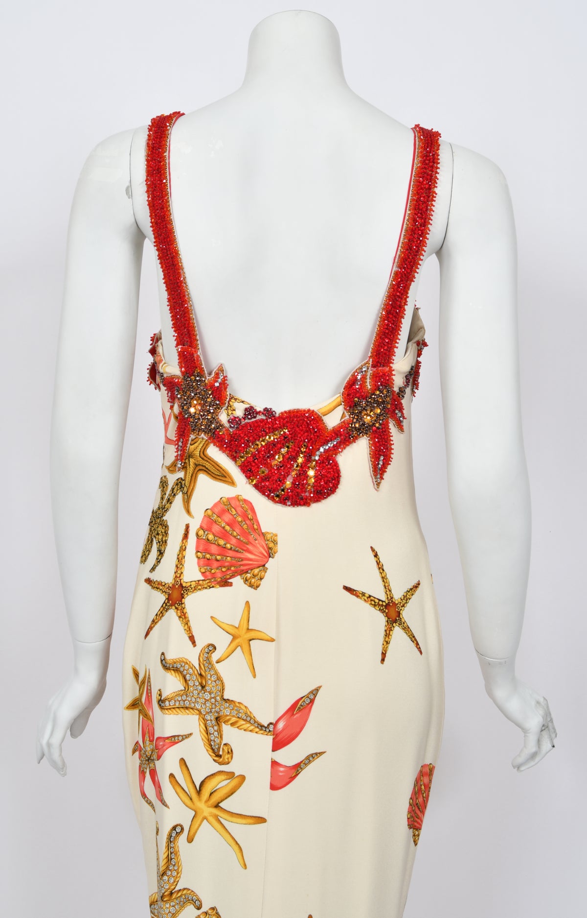 1992 Gianni Versace Iconic Crystal Beaded &#39;Seashell&#39; Print Silk Hourglass Gown