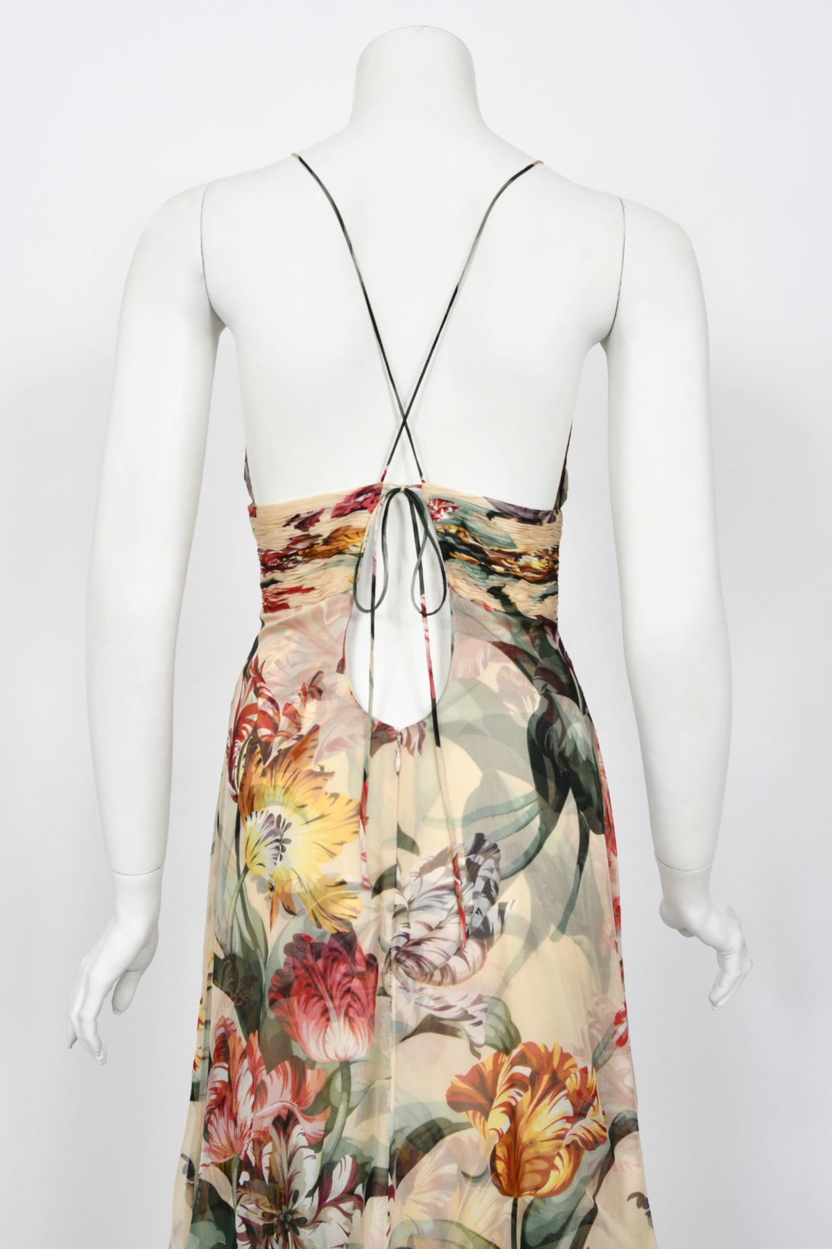 2005 Valentino Cruise Collection Colorful Floral Silk Low-Cut Halter Tiered Gown