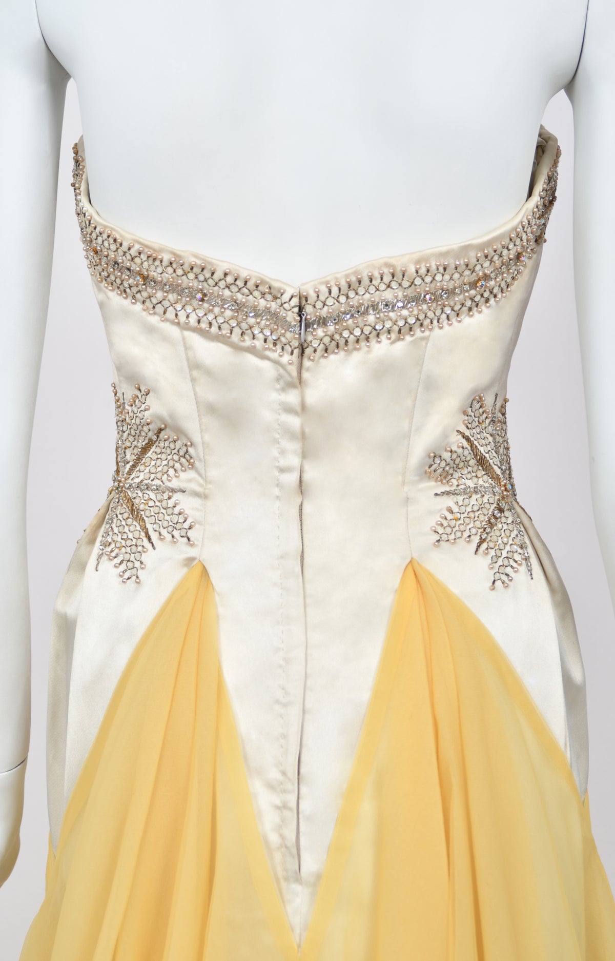 1950&#39;s French Couture Ivory Metallic Embroidered Beaded Silk Skirted Hourglass Gown