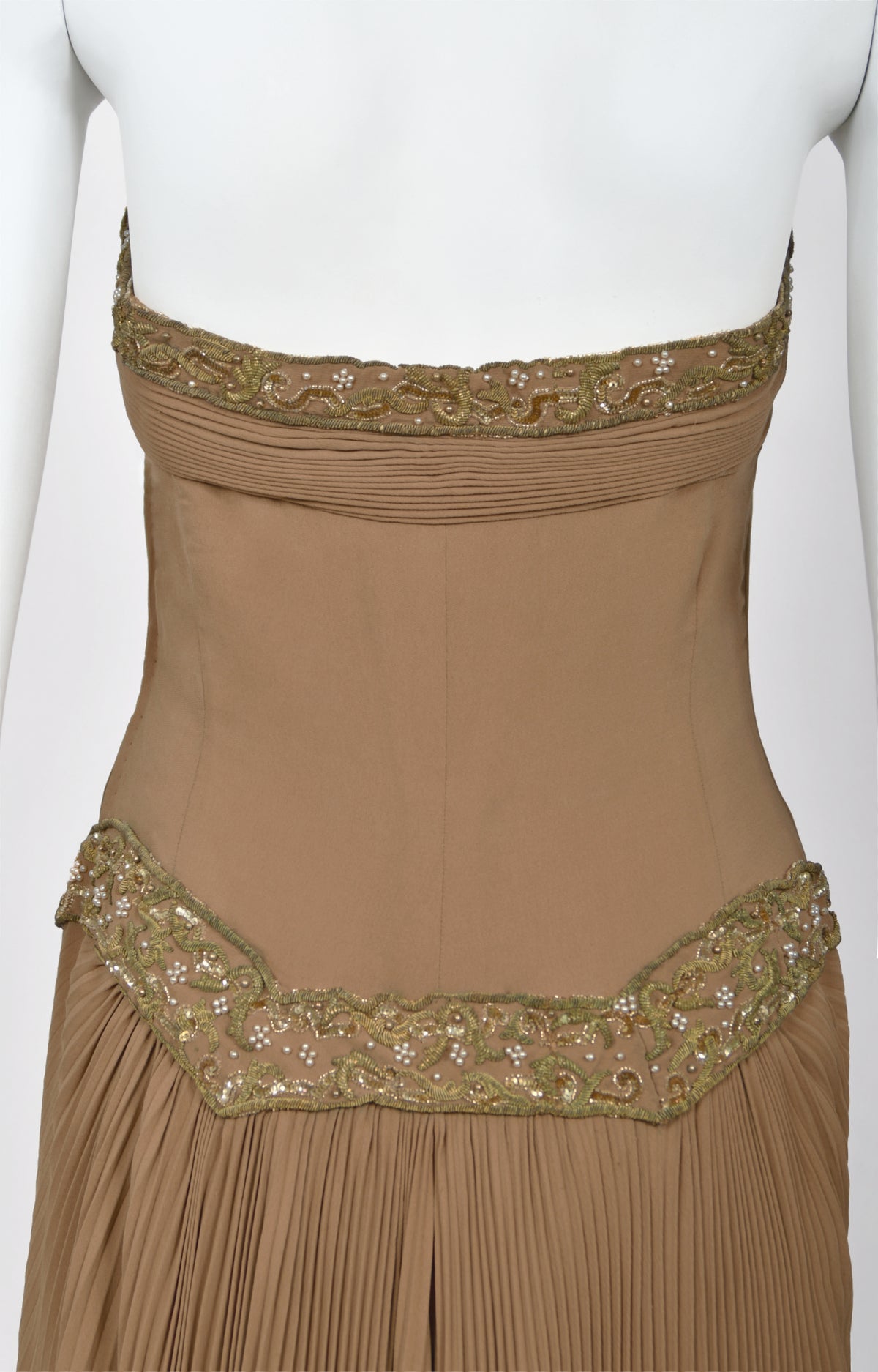 1950&#39;s Germana Marucelli Italian Couture Mocha Silk Pleated Strapless Gown