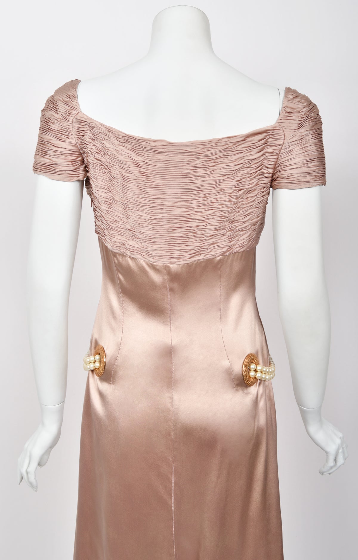 2005 Valentino Runway Blush Pink Silk Pleated Bodice Draped Pearl-Belted Dress