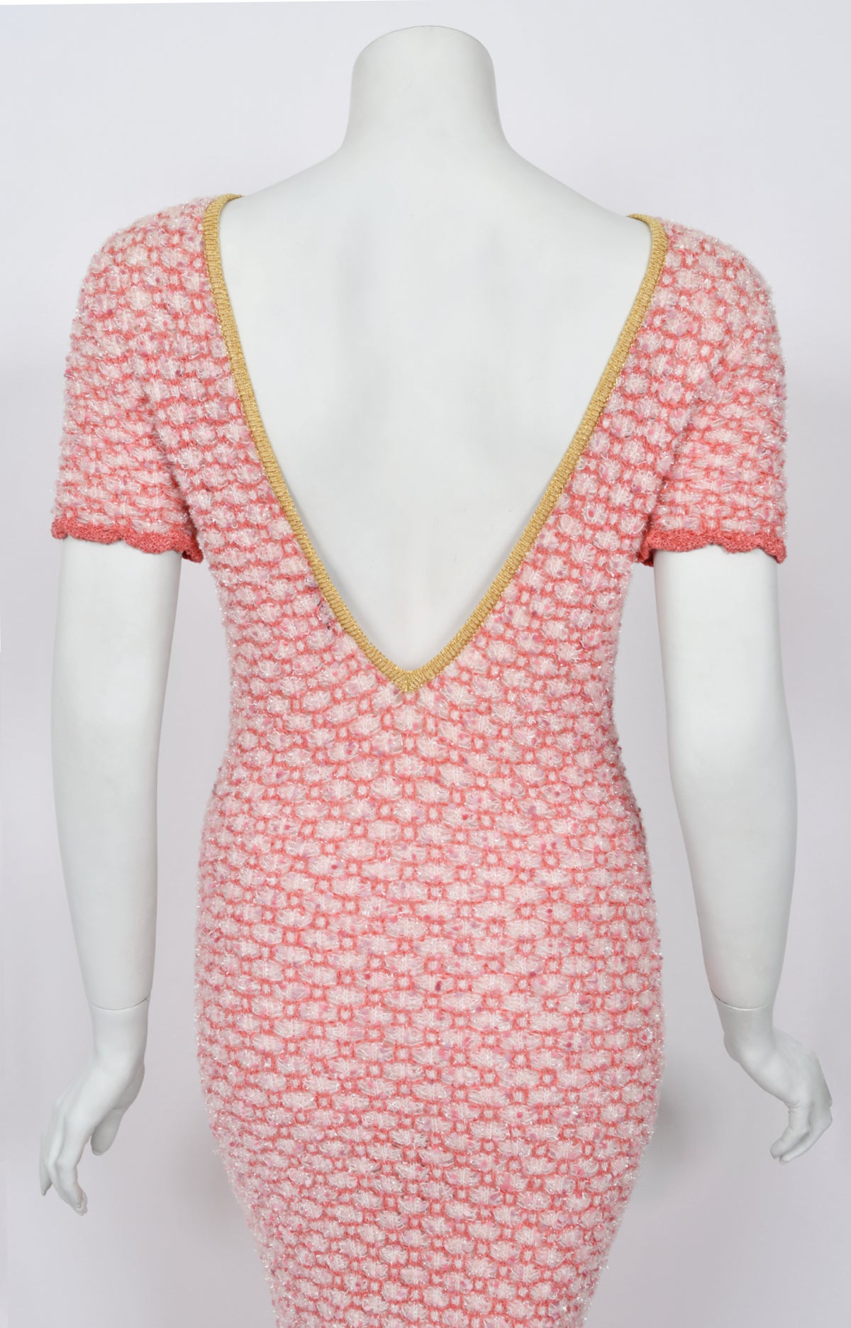1997 Chanel by Karl Lagerfeld Runway Metallic Pink Stretch Knit Maxi Dress