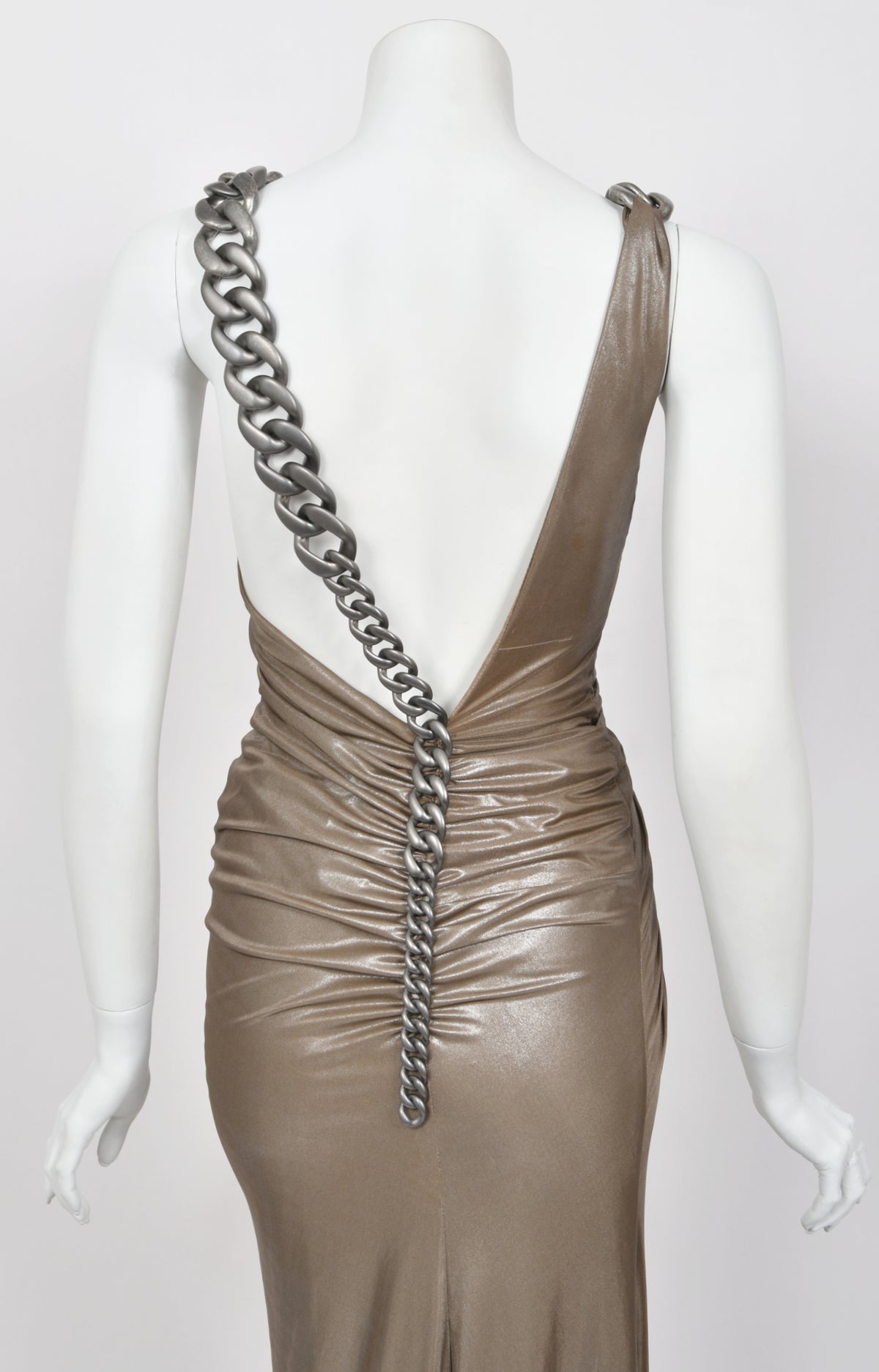 2007 Versace Smokey Metallic Stretch Silk Chain Straps Hourglass Gown