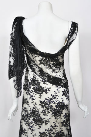 2005 Christian Dior by John Galliano Black Lace & Ivory Silk Trained Bias-Cut Gown