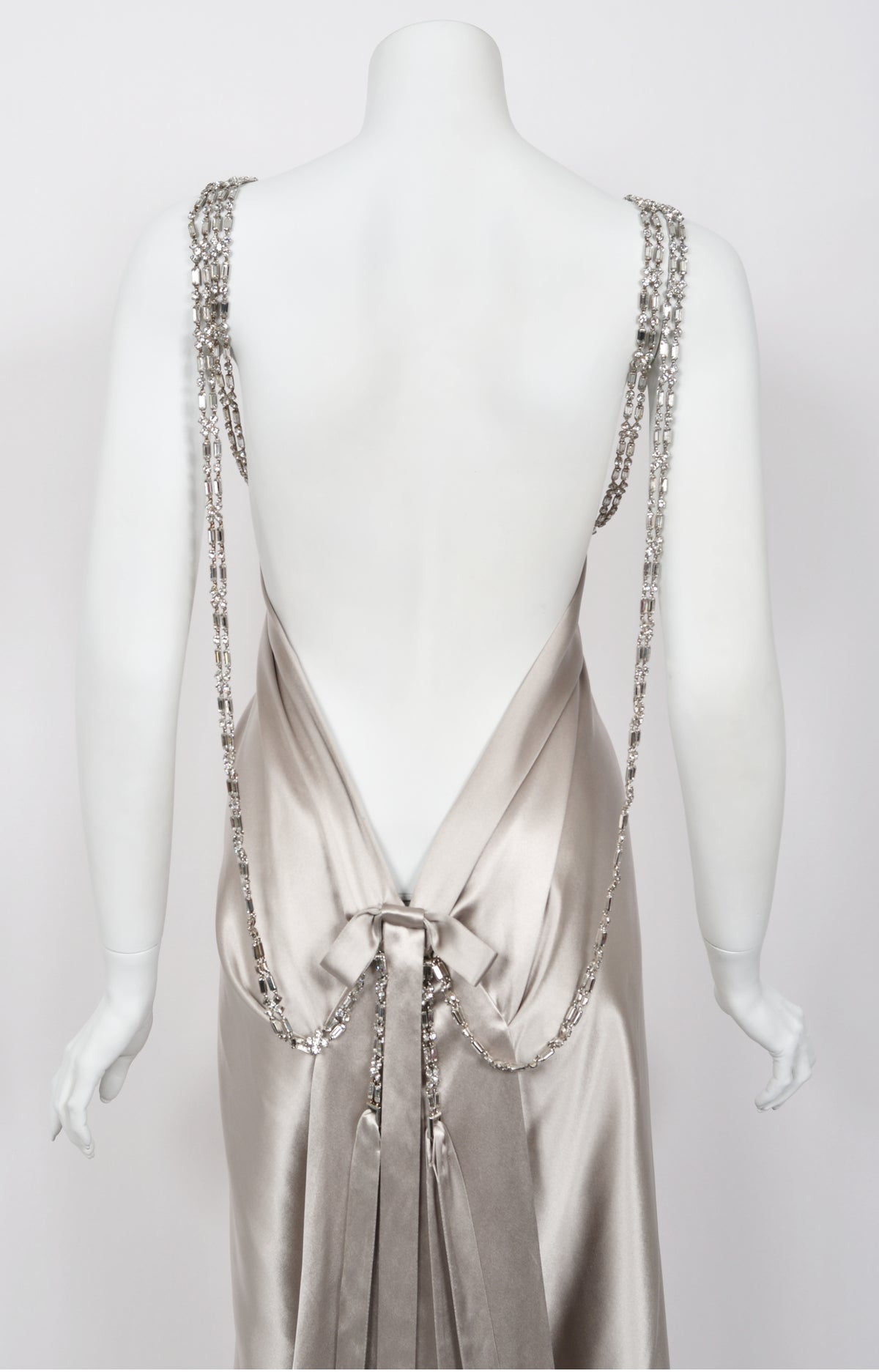 2006 Dsquared2 Platinum Silk Jeweled Backless Trained Glamour Gown