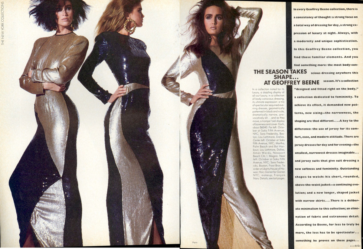 1985 Geoffrey Beene Documented Black &amp; Gold Fully-Sequin &#39;Cindy Crawford&#39; Gown