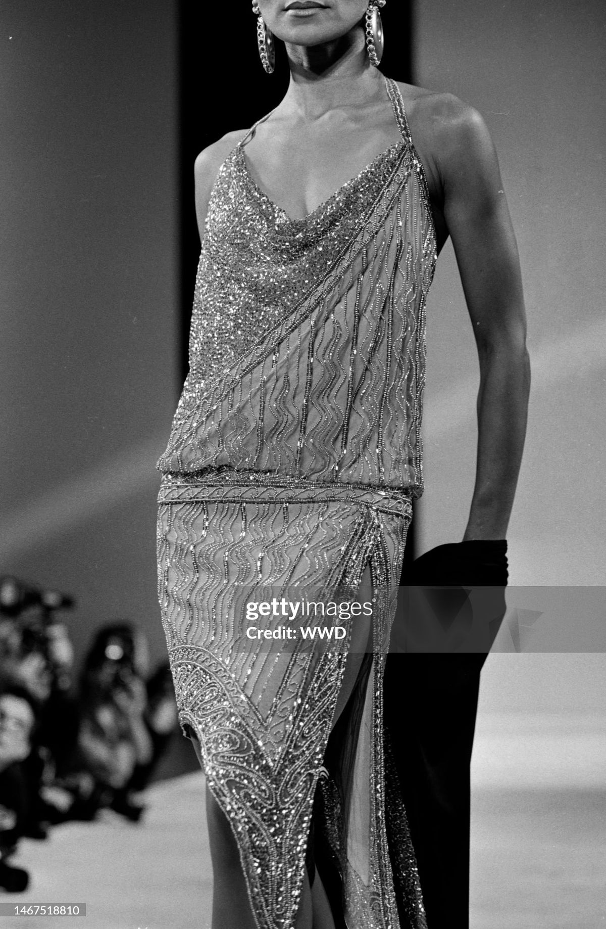 1992 Bob Mackie Runway Metallic Gold Fully-Beaded Halter High Slit 'Flapper' Dress