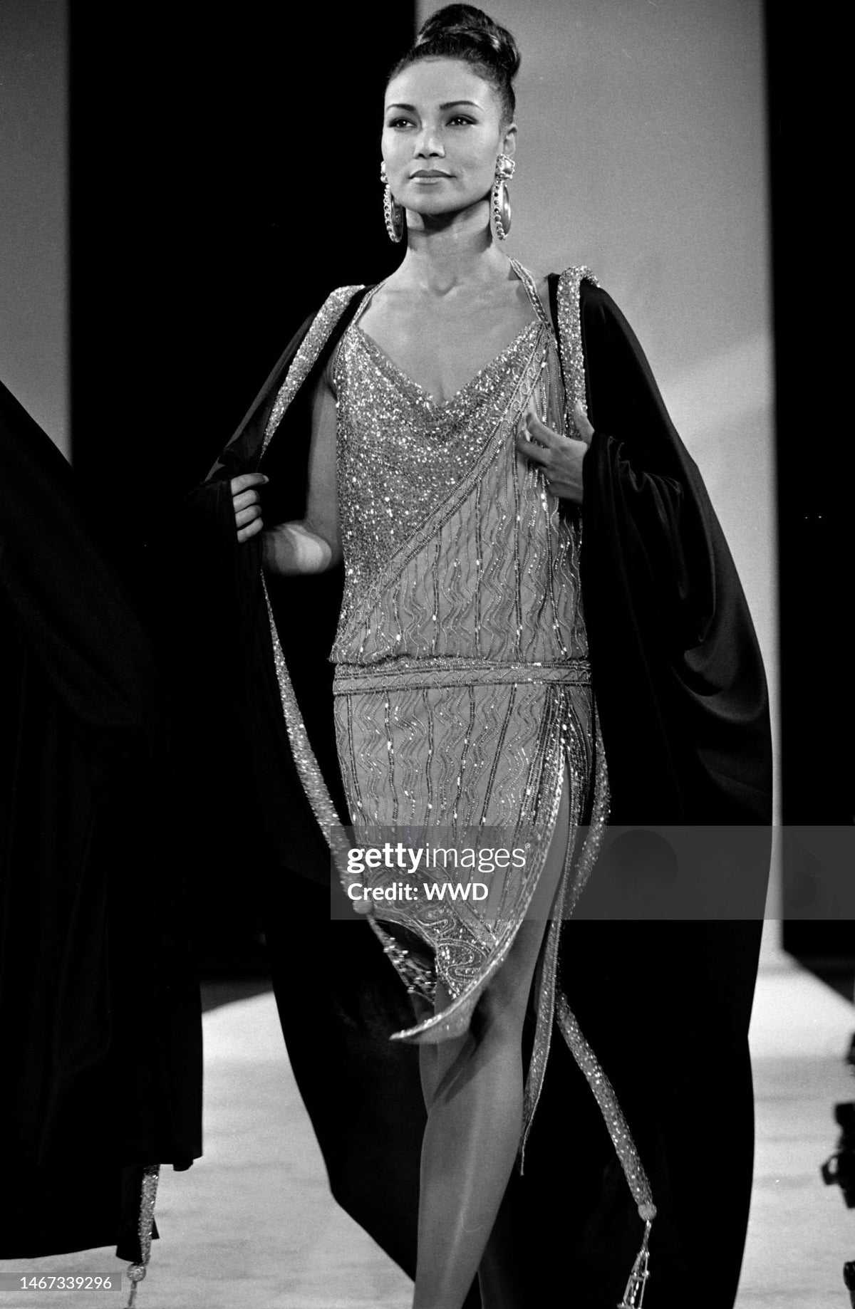 1992 Bob Mackie Runway Metallic Gold Fully-Beaded Halter High Slit 'Flapper' Dress
