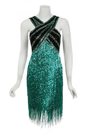 1990 Bob Mackie Teal-Green & Black Beaded Fringe Backless Cocktail Dress