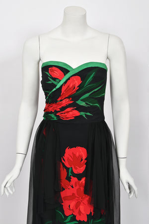 1950's Howard Greer Couture Red Roses Silk Strapless High-Low Gown & Shawl