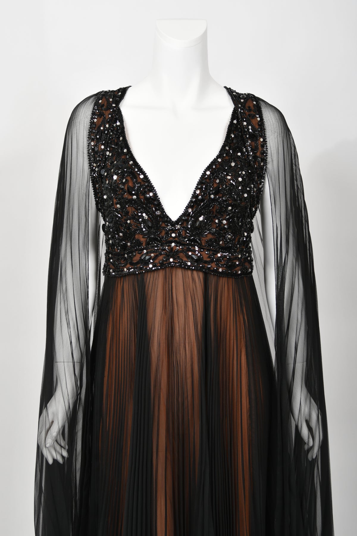 1969 Bob Mackie Couture Documented Beaded Nude-Illusion Pleated Silk Cape Gown