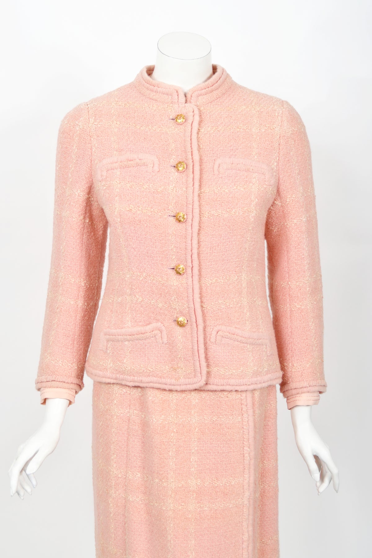 1973 Chanel Haute Couture Documented Pink Wool Jacket Blouse Skirt Three-Piece Suit