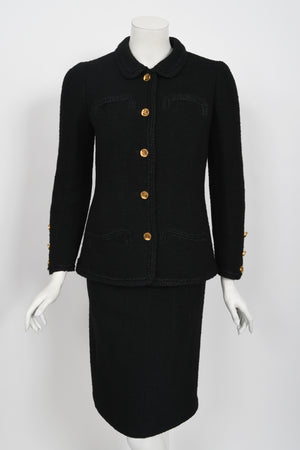 1973 Chanel Haute Couture Black Boucle Wool Logo Buttons Jacket Suit
