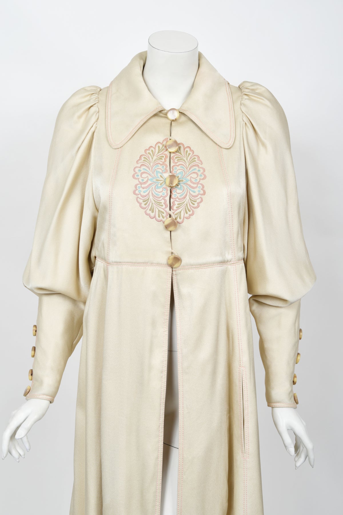 1973 Bill Gibb Couture Embroidered Ivory Satin Mutton-Sleeve Jacket &amp; Vest