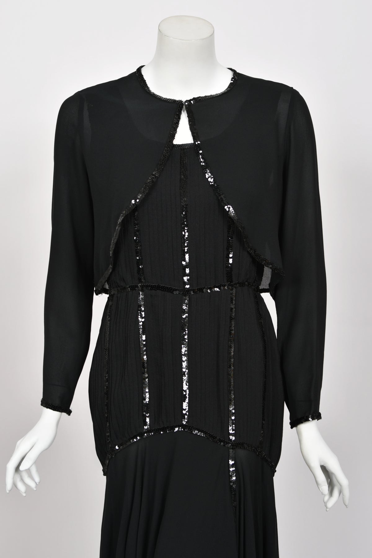 1983 Chanel by Karl Lagerfeld Sequin Pleated Black Silk Crepe High-Low Gown w/ Matching Jacket