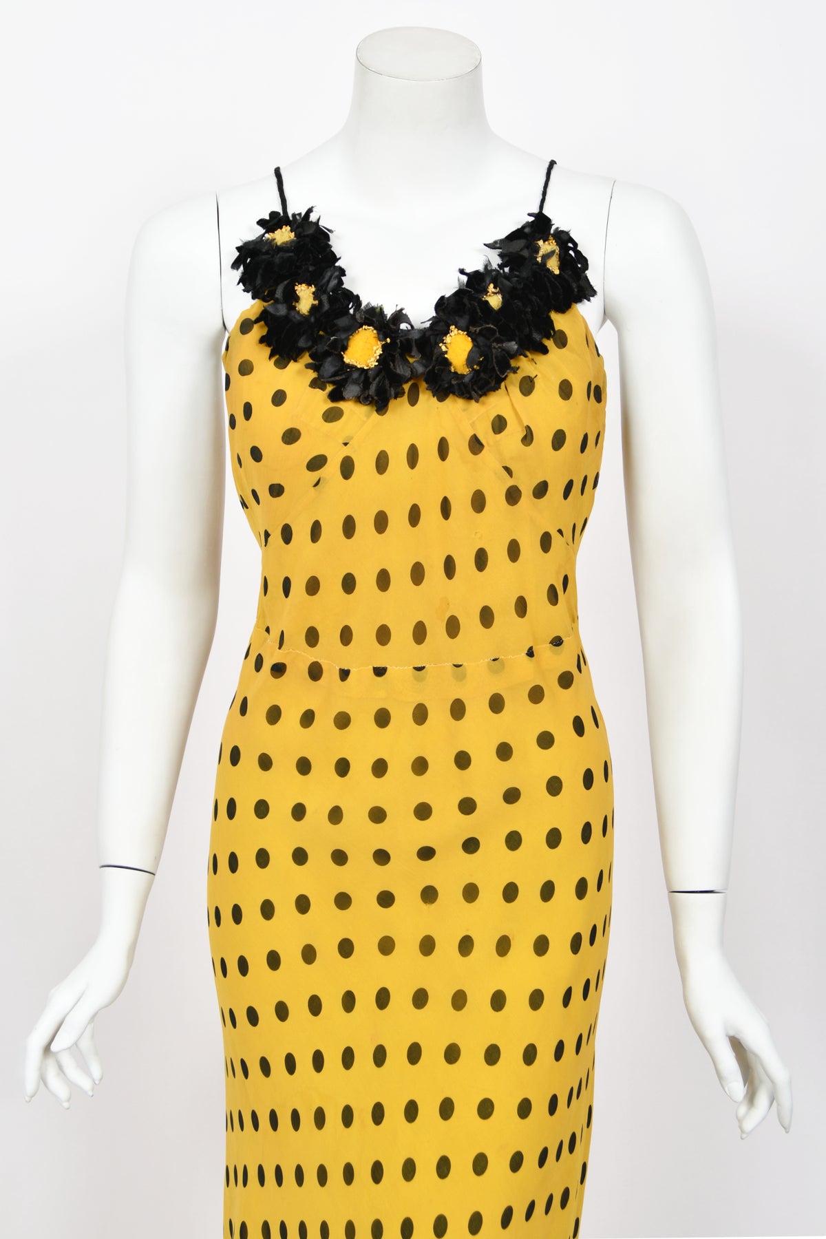 1930&#39;s Germaine Monteil Couture Polka Dot Silk Appliqué Bias-Cut Gown w/ Capelet