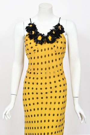 1930's Germaine Monteil Couture Polka Dot Silk Appliqué Bias-Cut Gown w/ Capelet
