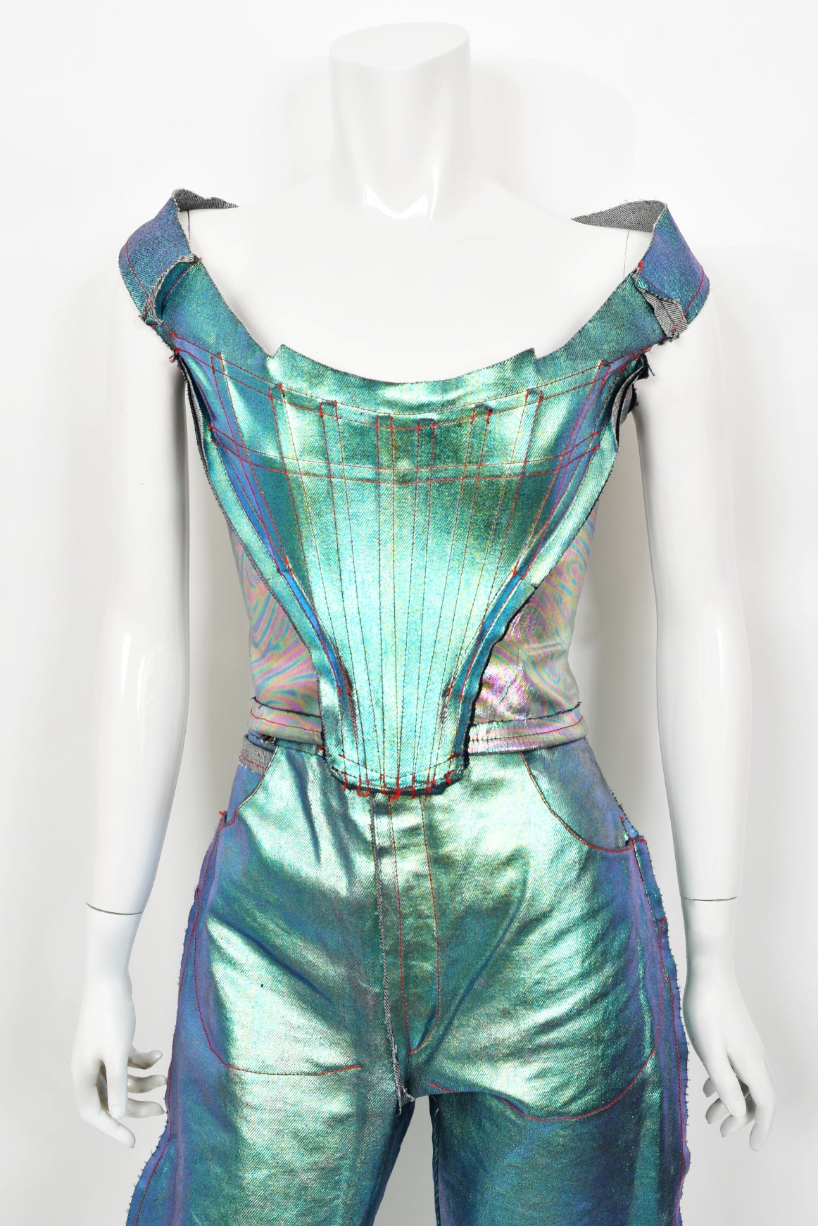 1993 Vivienne Westwood Runway Metallic Foiled Denim Corset Bustier &amp; Matching Pants