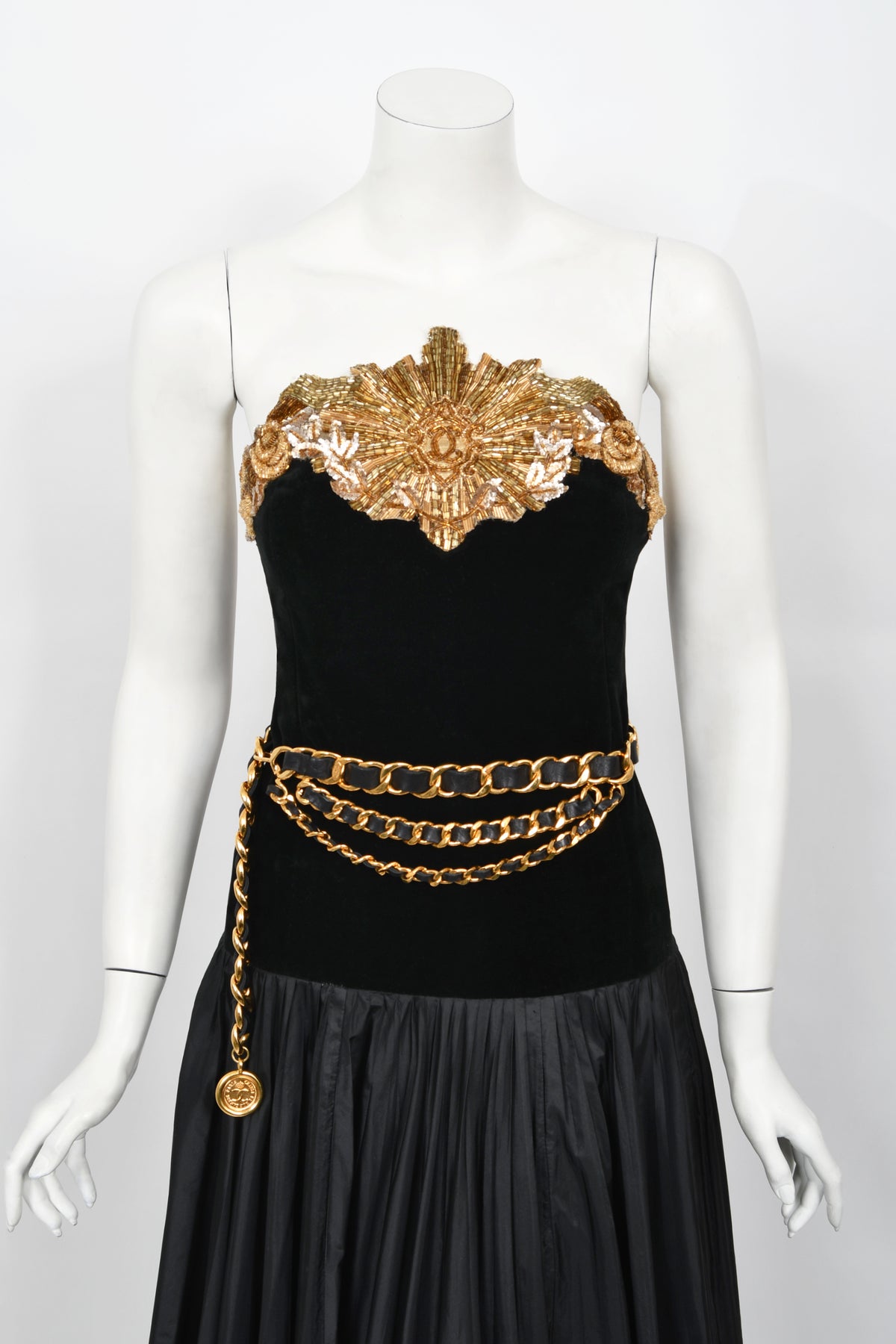 1985 Chanel Documented Runway Metallic Beaded Gold Lamé &amp; Black Silk Strapless Gown