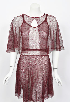 1930's French Sheer Burgundy Lace Tiered Bias-Cut Gown & Matching Capelet