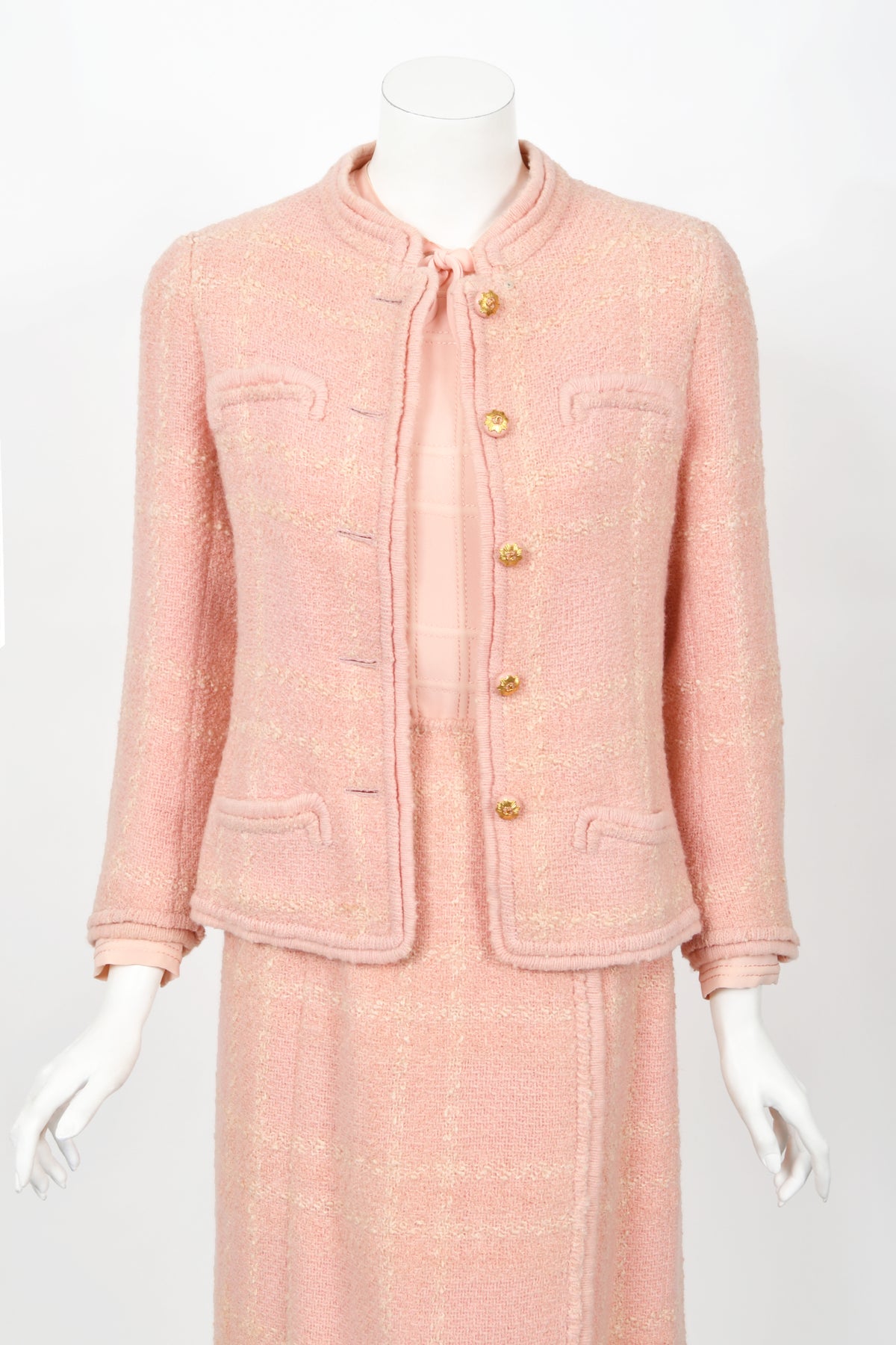 1973 Chanel Haute Couture Documented Pink Wool Jacket Blouse Skirt Three-Piece Suit