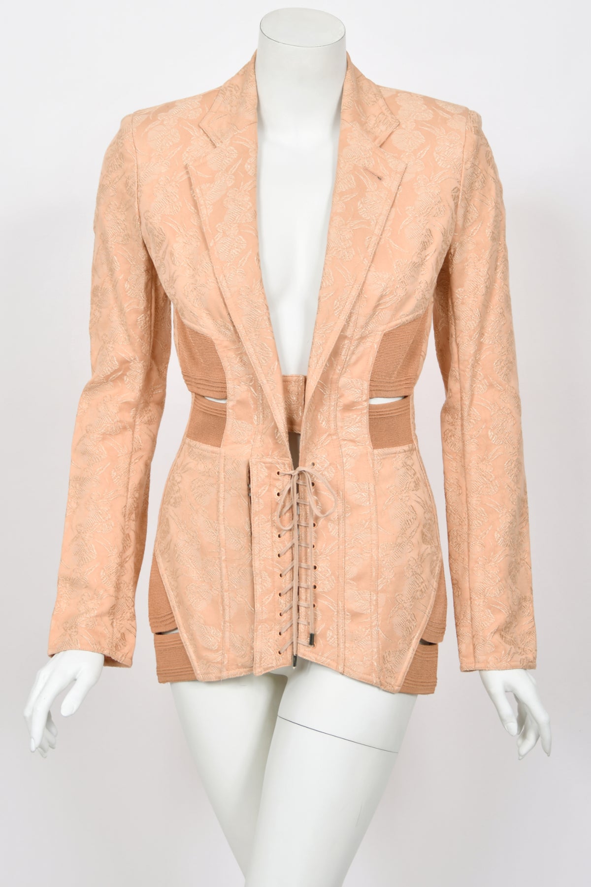 2004 Jean Paul Gaultier Runway Embroidered Blush Pink Corset Jacket & Matching Skirt