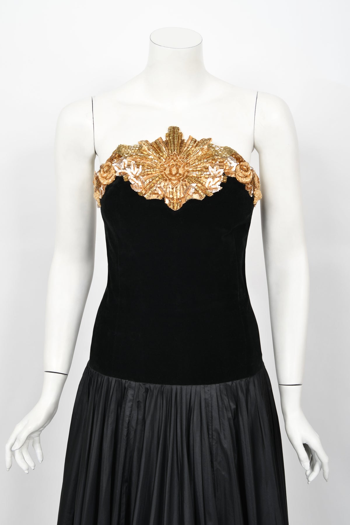 1985 Chanel Documented Runway Metallic Beaded Gold Lamé &amp; Black Silk Strapless Gown
