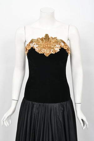 1985 Chanel Documented Runway Metallic Beaded Gold Lamé & Black Silk Strapless Gown