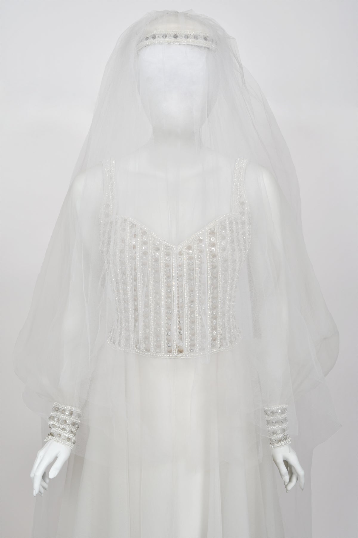 1972 Christian Dior Couture White Beaded Sheer Silk Billow-Sleeve Bridal Gown w/ Matching Veil
