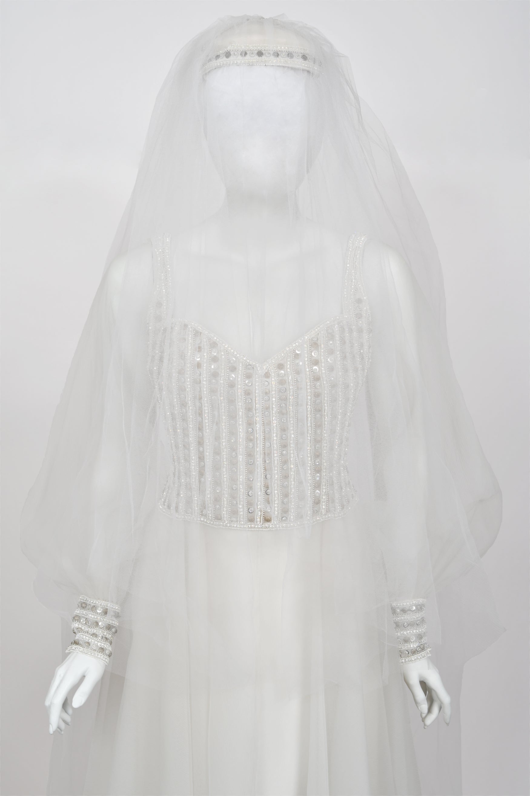 1972 Christian Dior Couture White Beaded Silk Bridal Gown w/ Veil 1972 Christian Dior Couture White Beaded Silk Bridal Gown w/ Veil