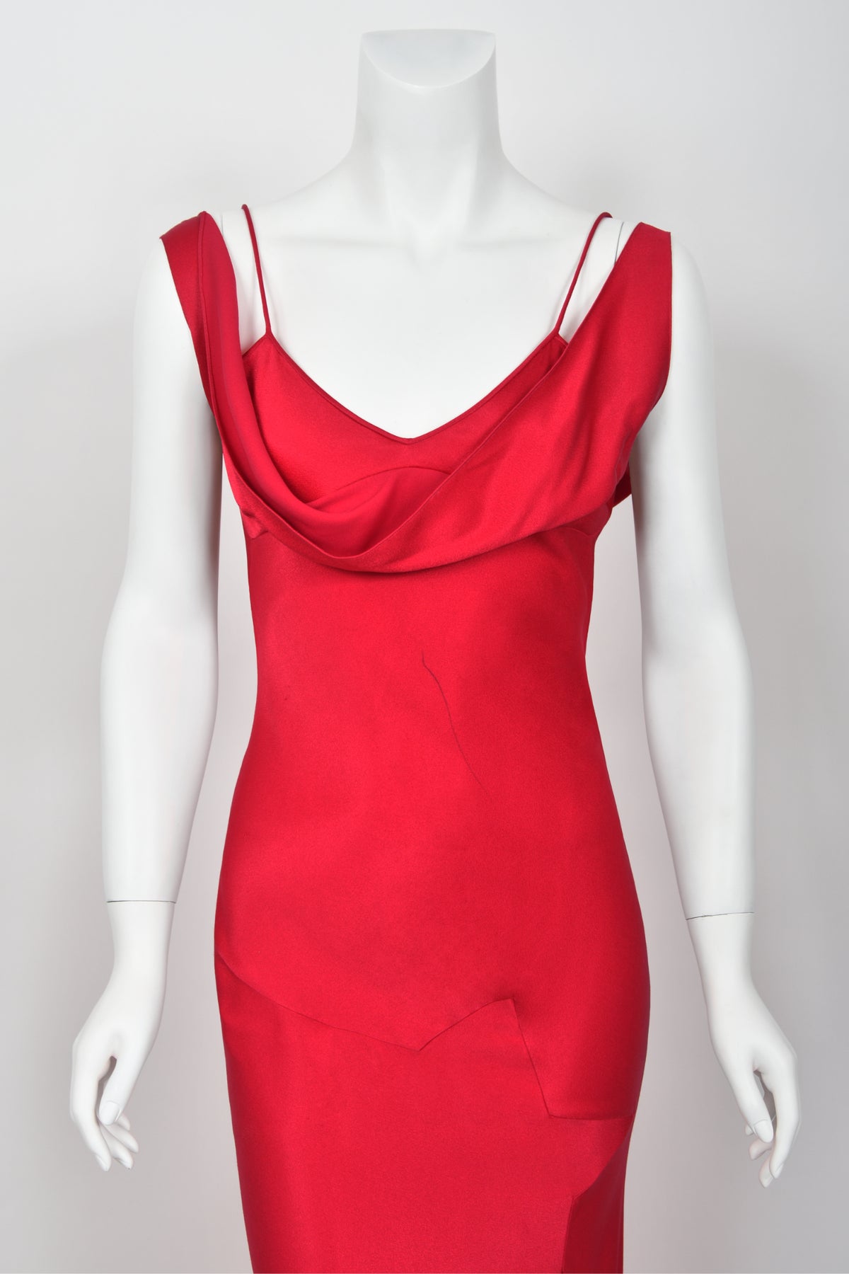 1994 John Galliano Ruby Red Off Shoulder Bias-Cut Gown Worn by Raquel Welch