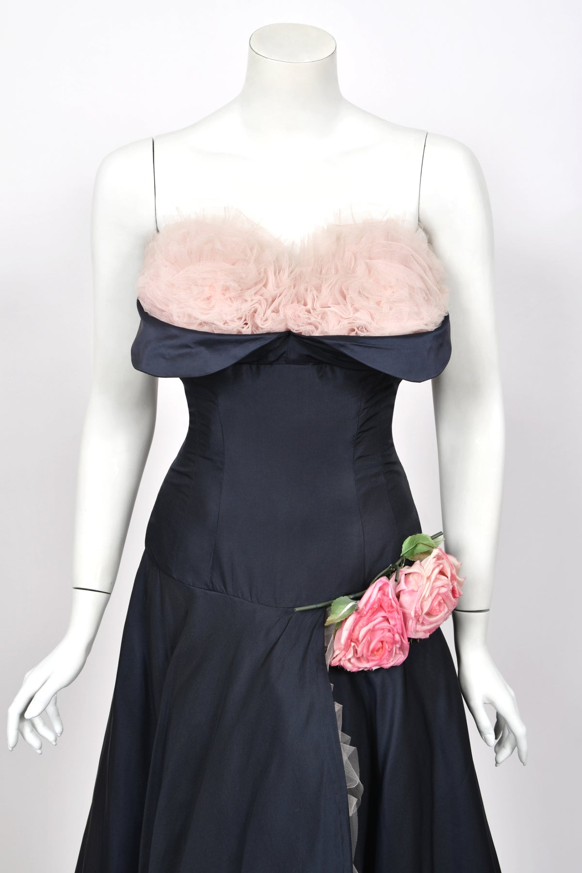 1950's Don Miguel of California Navy Silk &amp; Blush Pink Tulle Ruffle Shelf-Bust Strapless Dress