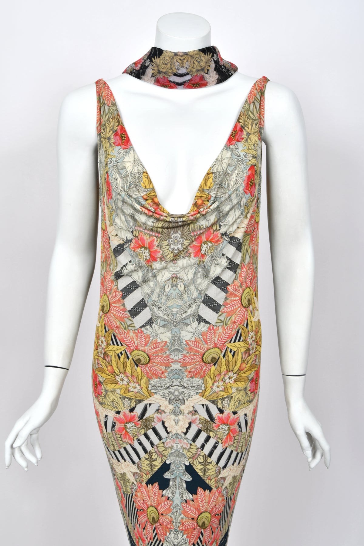 2011 Alexander McQueen 'Folklore Fin' Floral Stripe Print Draped Bias-Cut Gown w/ Shawl