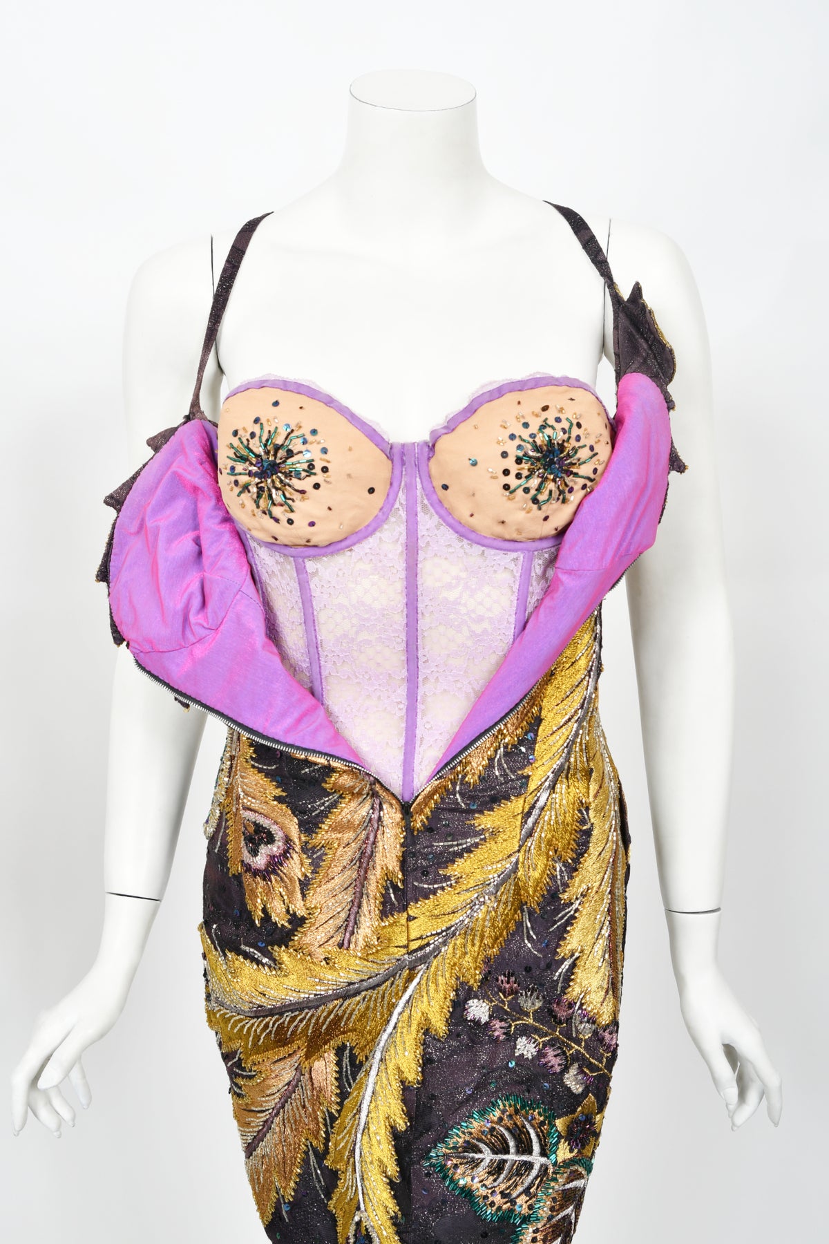 1970&#39;s Embroidered Peacock Motif Beaded Silk Couture Dance Dress