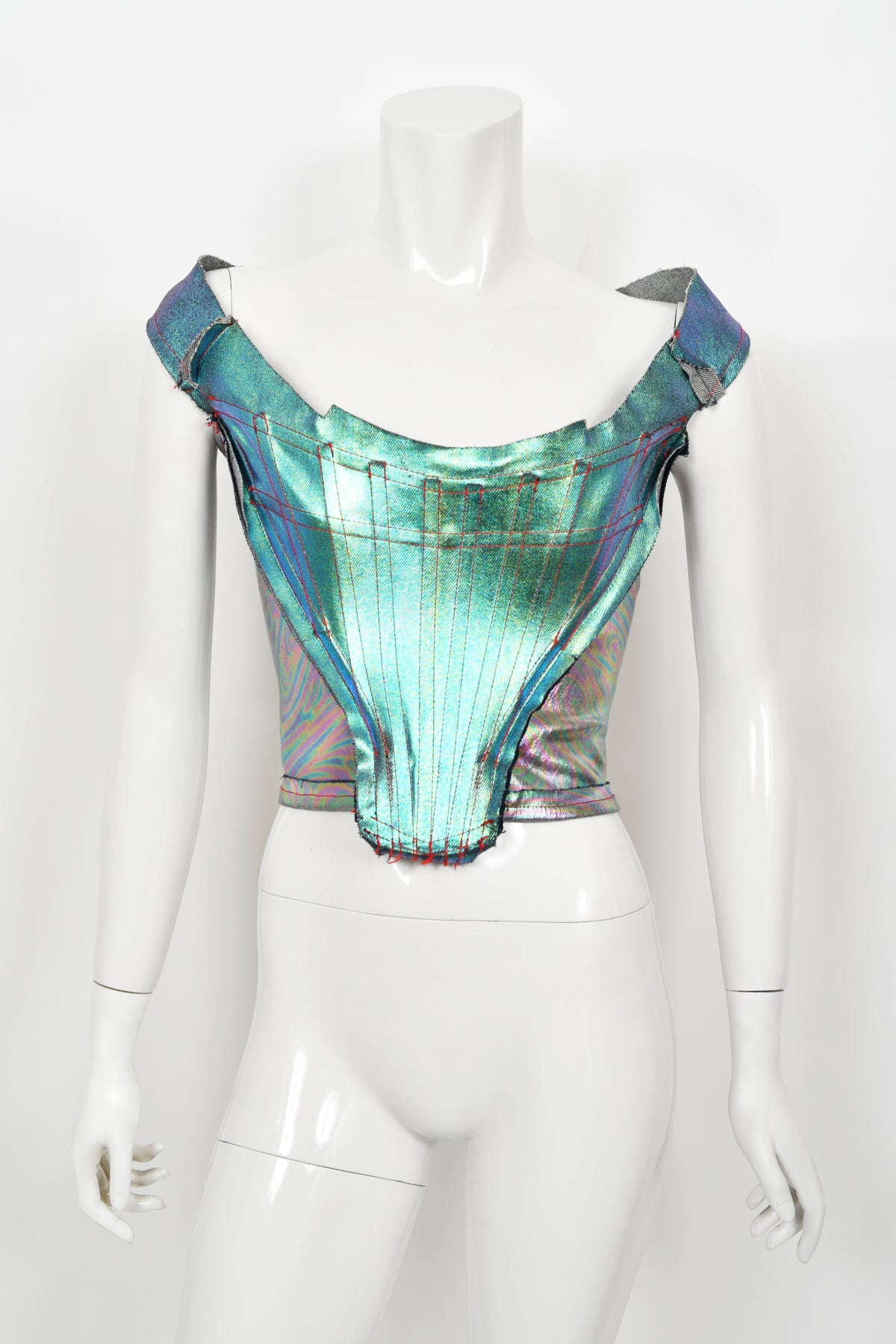 1993 Vivienne Westwood Runway Metallic Denim Corset Bustier Top &amp; Pants