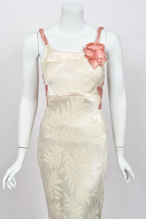 1930’s Ivory Leaf Motif & Blush Pink Silk Satin Floral Appliqué Bias-Cut Trained Couture Gown
