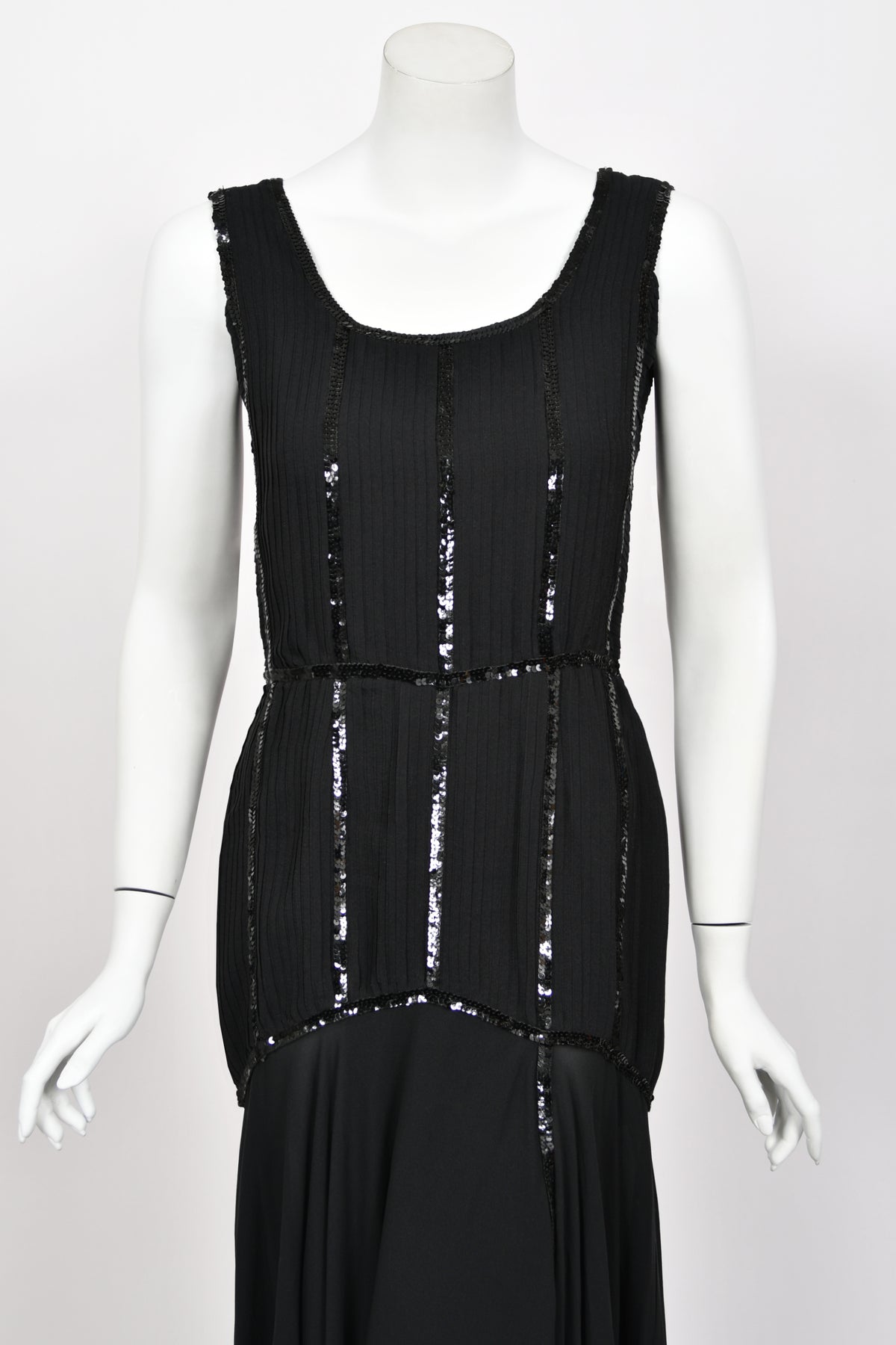 1983 Chanel by Karl Lagerfeld Sequin Pleated Black Silk Crepe High-Low Gown w/ Matching Jacket