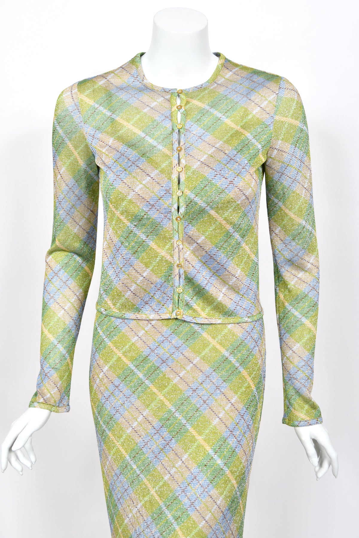 2000 John Galliano Metallic Plaid Lurex Knit Bias-Cut Maxi Dress w/ Matching Cardigan