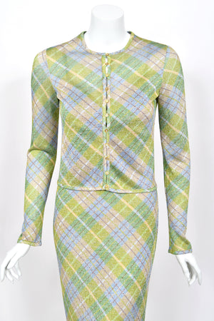 2000 John Galliano Metallic Plaid Lurex Knit Bias-Cut Maxi Dress w/ Matching Cardigan