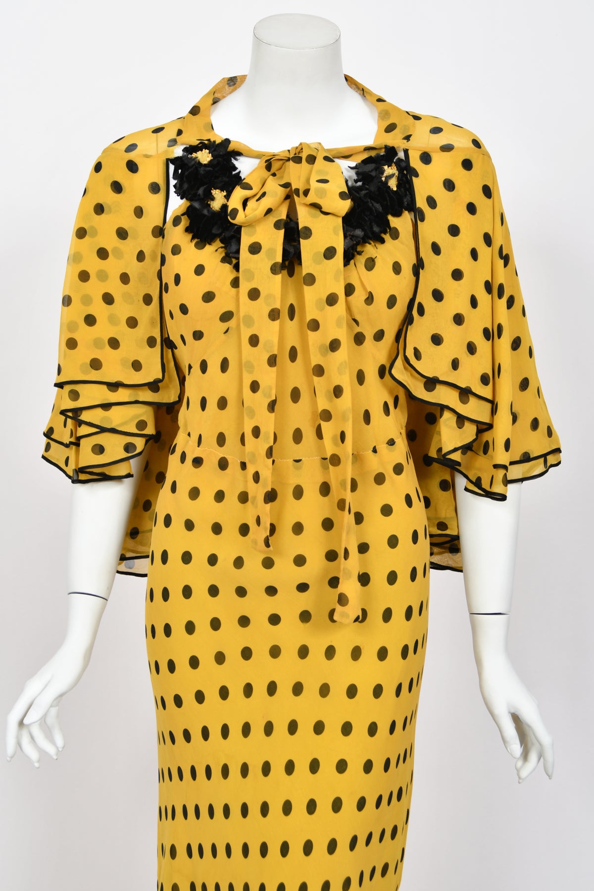1930&#39;s Germaine Monteil Couture Polka Dot Silk Appliqué Bias-Cut Gown w/ Capelet