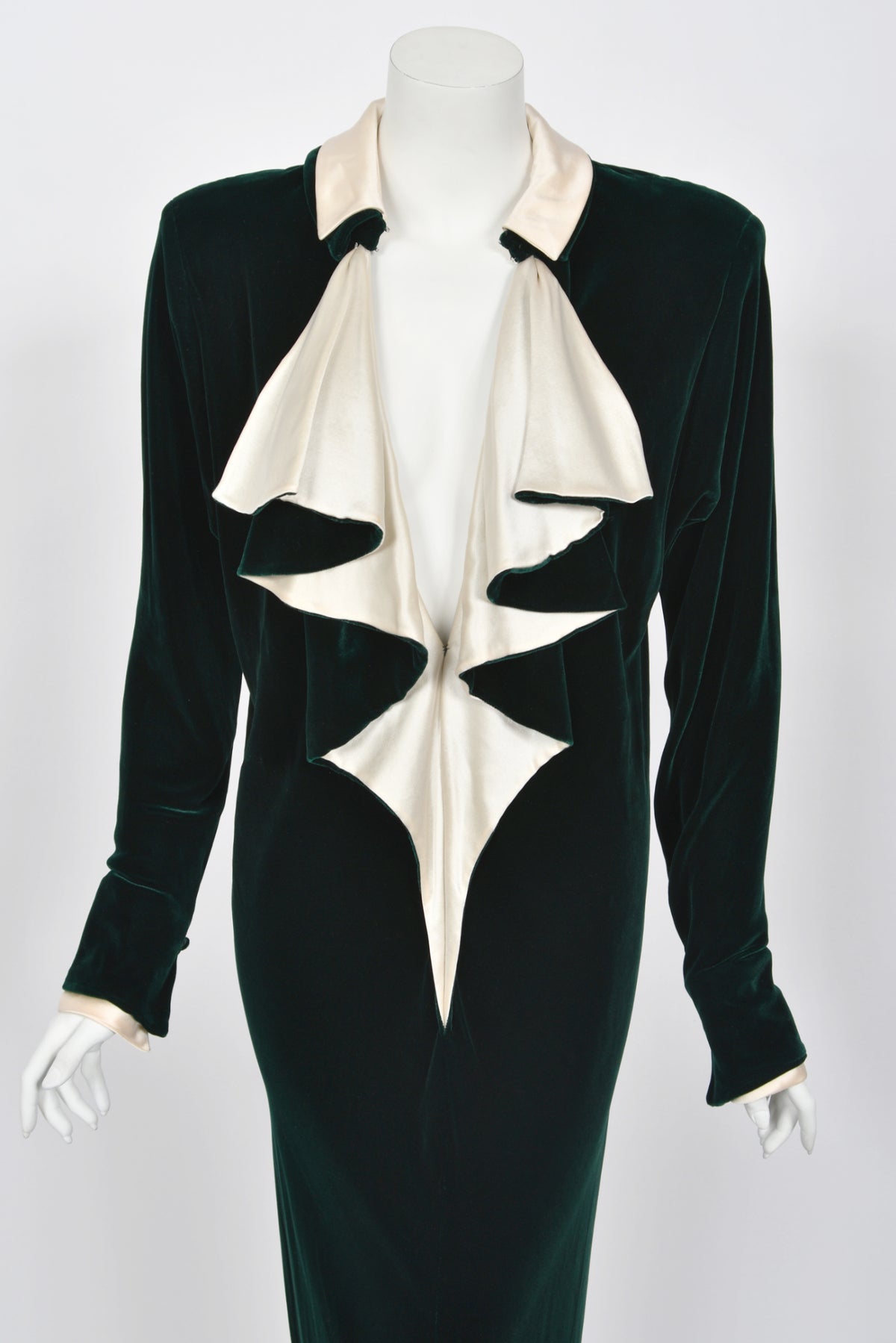 1978 Halston Couture Dark Green Velvet & Ivory Silk Ruffle Bodice Bias-Cut Gown
