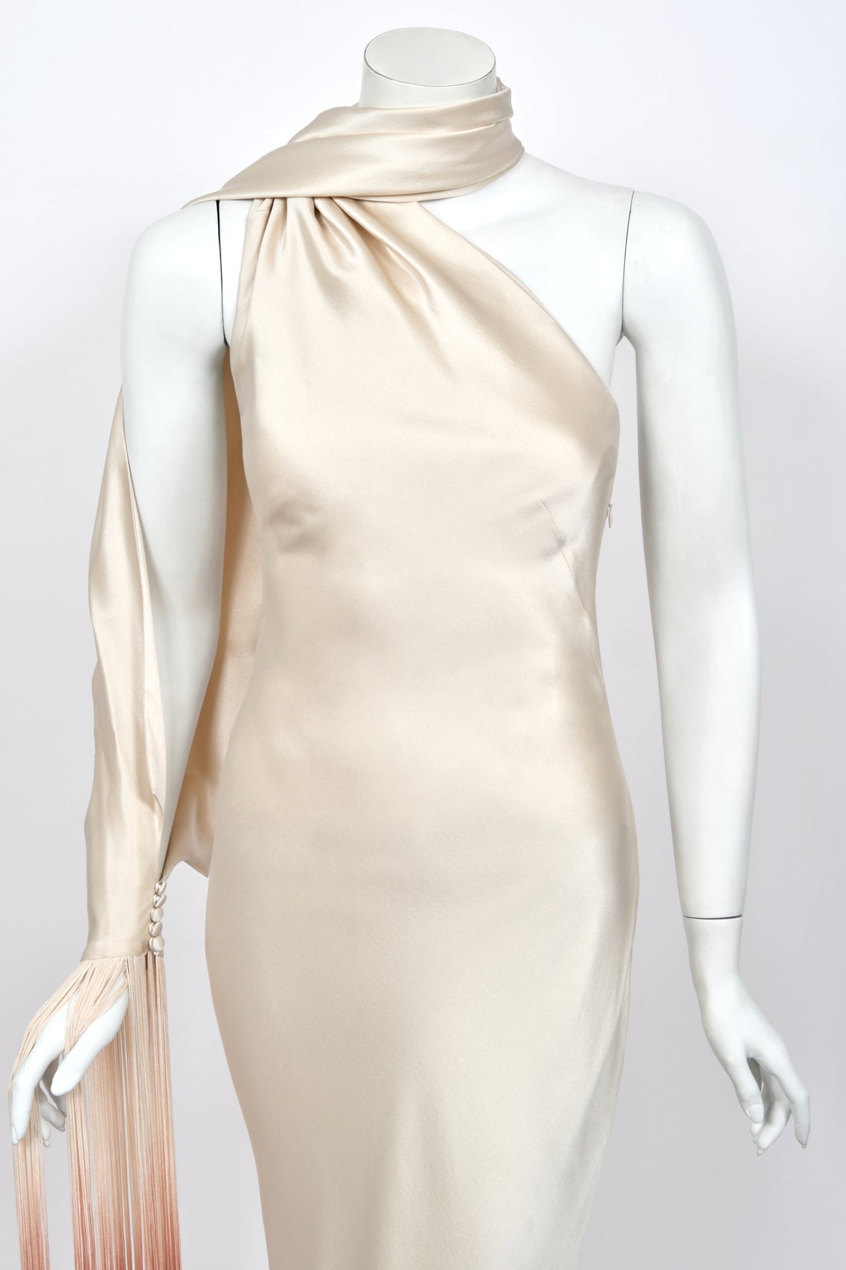 2009 Alexander McQueen Ivory Silk Draped Sleeve Ombré Fringe Bias-Cut Gown w/Tags