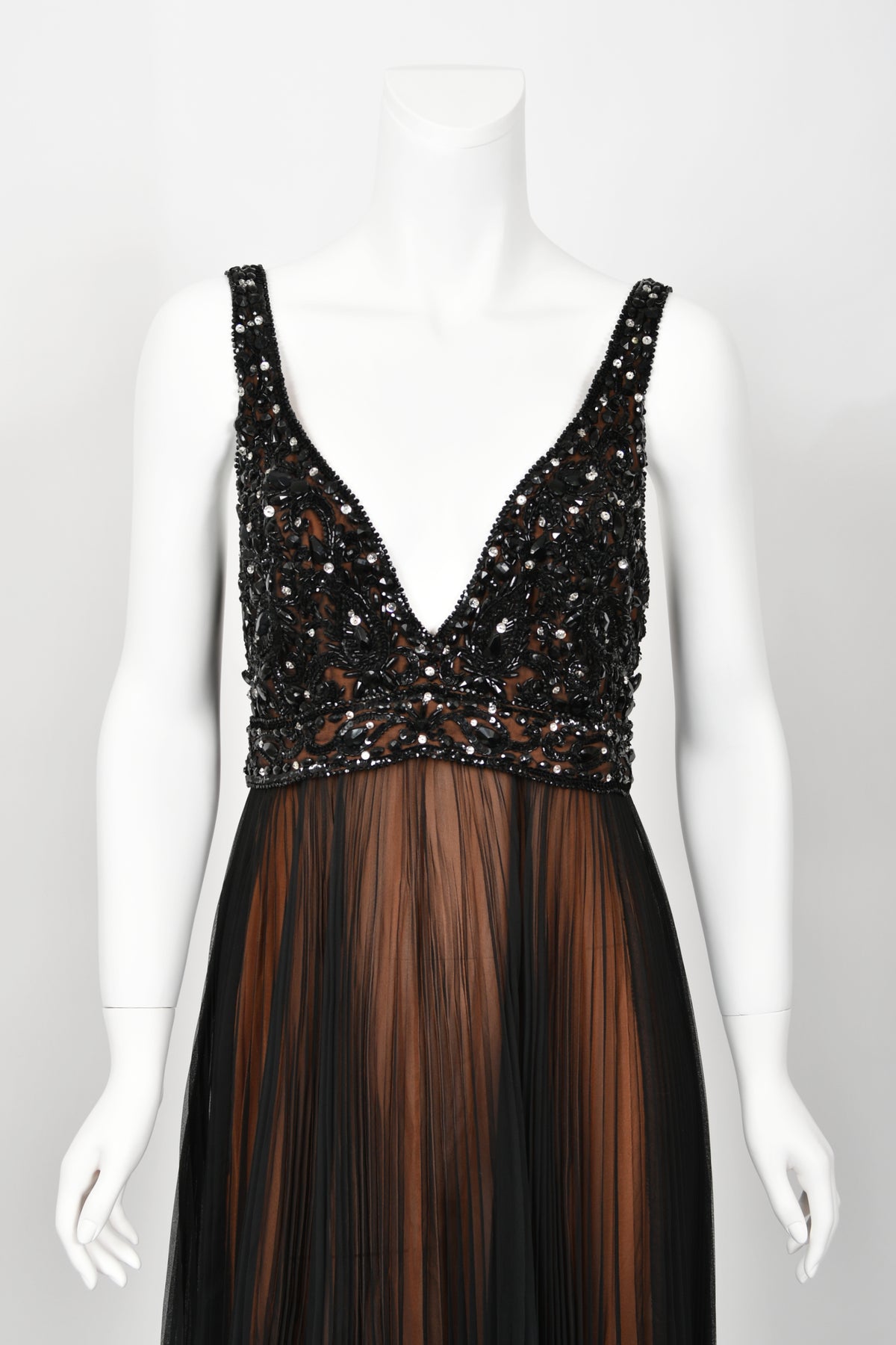 1969 Bob Mackie Couture Documented Beaded Nude-Illusion Pleated Silk Cape Gown