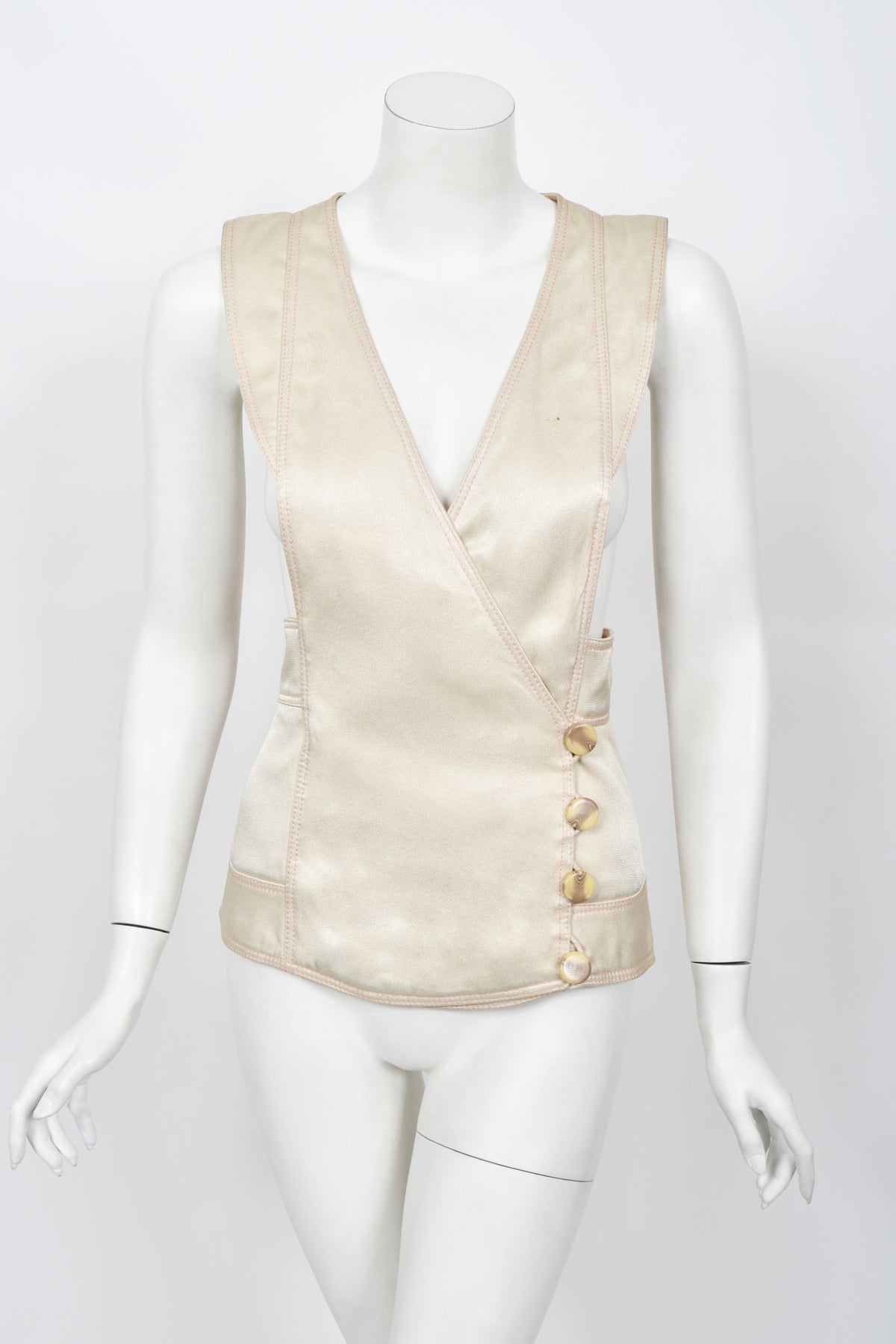 1973 Bill Gibb Couture Embroidered Ivory Satin Mutton-Sleeve Jacket &amp; Vest